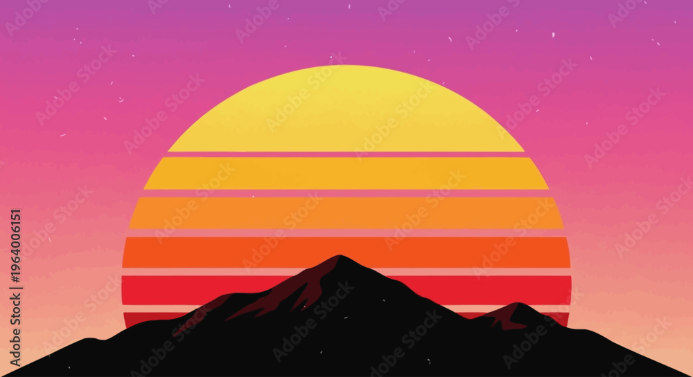Obraz premium Retro Sunset Over Mountains Silhouette Vector Art - Vibrant Gradient Sky with 80s Vibes