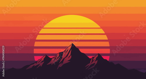 Vibrant retro sunset over majestic mountains vector illustration, capturing the nostalgic aesthetic of 80s synthwave posters with a stylized landscape design