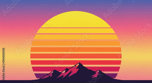 Retro sunset vector illustration with mountain silhouette, vibrant gradient sun, and synthwave aesthetic