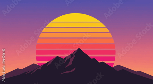 Vibrant retro sunset vector illustration with stylized mountains, capturing a nostalgic aesthetic and classic 80s vibe, perfect for digital designs and backgrounds