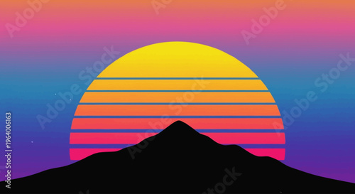 Retro sunset vector art with vibrant gradient sky and mountain silhouette, a nostalgic visual representation