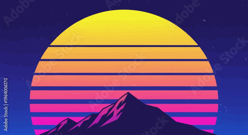 Vibrant retro sunset vector artwork with bold striped gradients illuminating majestic mountains under a starry, stylized night sky, ideal for nostalgic themes and digital projects