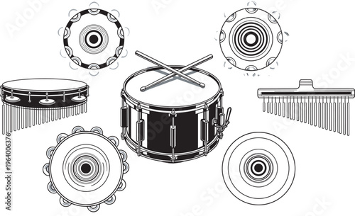 Percussion musical instrument vector set featuring snare drum with sticks tambourines and bar chimes in black and white line art for music education and performance