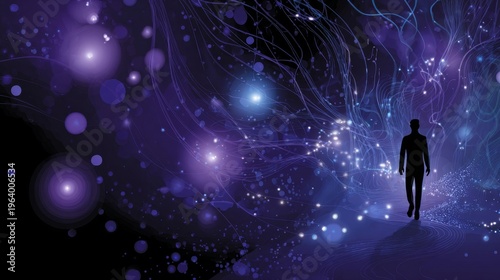 Silhouette walks through glowing cosmic tunnel