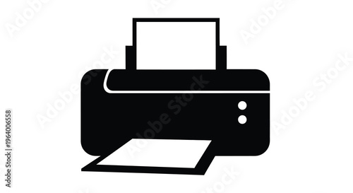 A simple black and white silhouette depicts a classic inkjet printer with a paper tray and output high quality professional detailed
