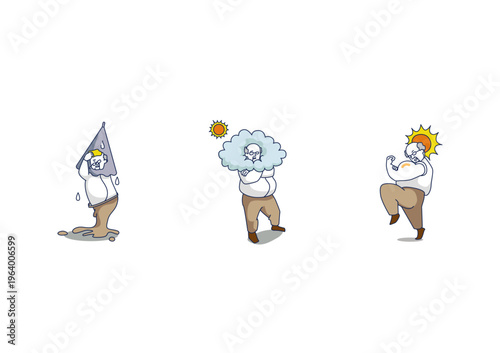 Emotional state set of middle aged man, rainy cloudy sunny mood comparison, fatigue to energy concept, simple flat illustration