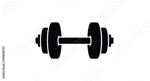 A simple black silhouette of a standard barbell with weight plates on each side centered on white high quality professional detailed