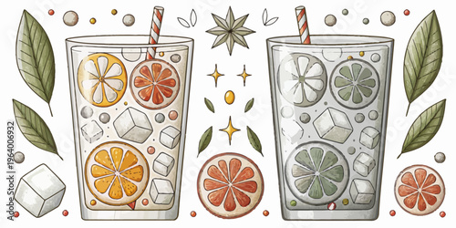 A colorful vector illustration of two glasses of refreshing citrus drinks with ice and straws
