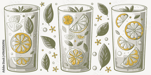 A vector illustration of three glasses of lemonade with slices of lemon and green leaves on a white background