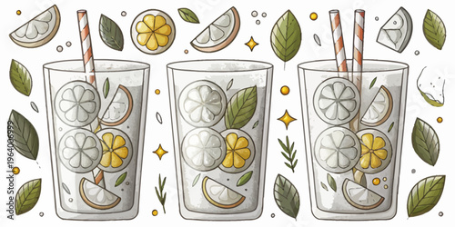 A vector illustration of three glasses of lemonade with straws and slices of lemon and lime, surrounded by leaves and bubbles.