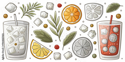 A colorful vector illustration of refreshing summer drinks with ice cubes and garnishes