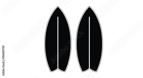 This image features two black surfboard silhouettes positioned side by side against a stark white background high quality professional detailed modern