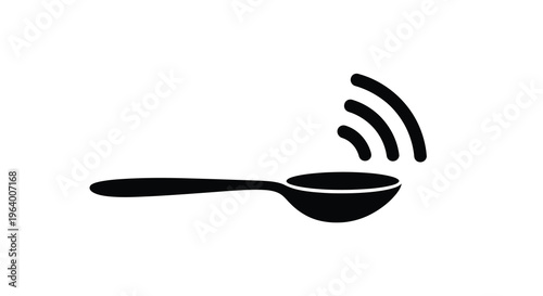 A simple black and white graphic depicts a spoon with three curved lines rising from its bowl suggesting steam or flavor
