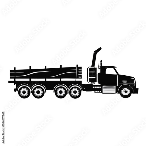 Logging truck silhouette vector illustration. Heavy timber transport vehicle icon. Black monochrome graphic isolated on transparent background