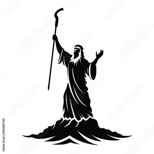 Moses raising staff silhouette. Biblical prophet vector illustration. Black and white religious graphic isolated on transparent background