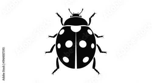 A stark black and white silhouette depicts a ladybug with clearly defined spots and delicate outstretched legs high quality professional detailed