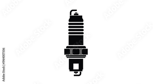 A stark black silhouette depicts a standard automotive spark plug showcasing its hexagonal base and electrode high quality professional detailed modern