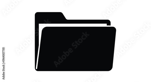 A simple black silhouette depicts a standard computer folder icon against a stark white background high quality professional detailed modern elegant
