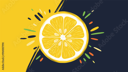 Bright graphic illustration of a fresh lemon slice with colorful juice splashes set against a split yellow and navy background.