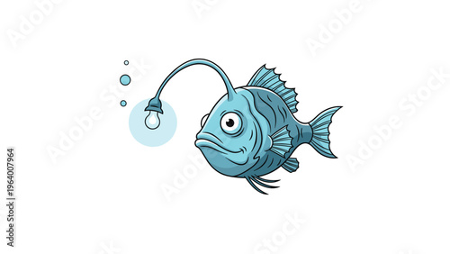 Friendly blue anglerfish with its glowing light lure swims in the deep ocean water depicted in a cartoon style.