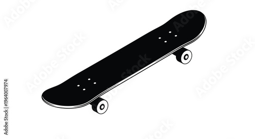 A simple isolated illustration depicts a black skateboard with four wheels presented on a stark white background high quality professional detailed