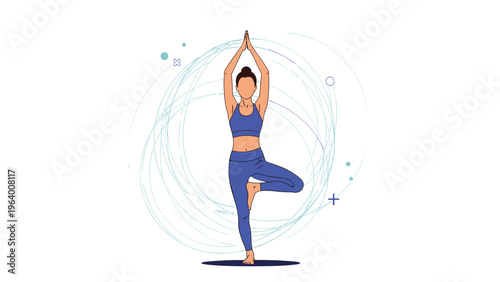 Woman in blue activewear performs the yoga tree pose against a background of circular motion lines and shapes.