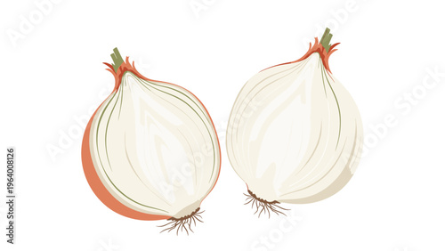 Two halves of a white onion with light brown outer skin and green stalks are shown on a plain white background.