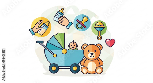 Baby stroller with teddy bear and toys childcare and parenting concept with baby bottle pacifier and rattle