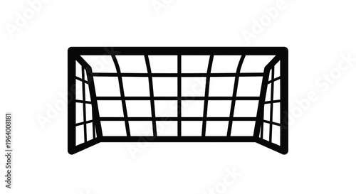A simple black and white illustration depicts a soccer goal with a net suggesting a sporting event high quality professional detailed