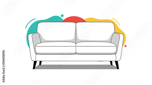 Modern white two seater sofa with dark legs is positioned in front of colorful abstract organic background shapes.