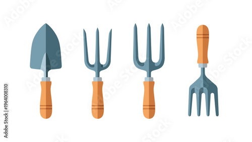 Set of four garden hand tools including a trowel and various forks with wooden handles and blue metal heads.
