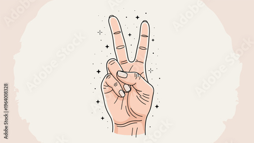 Human hand gesture showing the peace sign with stars and sparkles scattered in the background for a fun design.