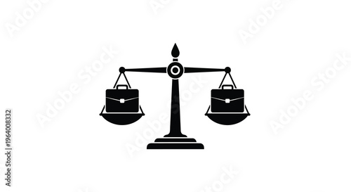 A black and white illustration depicts a balance scale with briefcases suspended from each side symbolizing justice high quality professional detailed