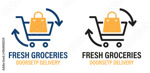 Fresh Groceries Doorstep Delivery Logo with Shopping Cart and Bag Icons for Online Supermarket Apps and Express Retail Logistics Branding