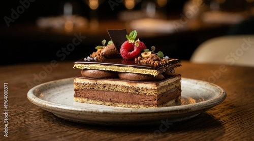 Decadent layered chocolate mousse cake with crisp pastry, glossy ganache, and fresh raspberry garnish served on rustic stoneware in an elegant restaurant setting

