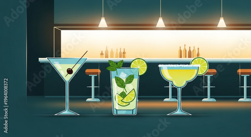 Cocktails on a bar counter with stools at sunset three glasses with lemon and mint modern bar interior with pendant lights