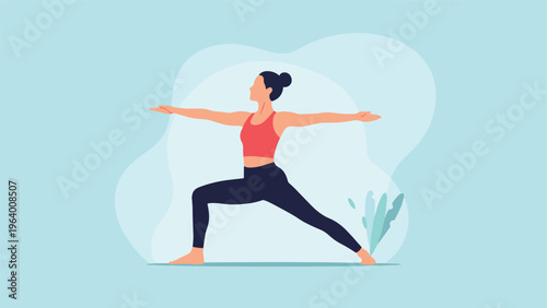 Graceful woman in a red top and black leggings performs the warrior two yoga pose against a soft blue background.