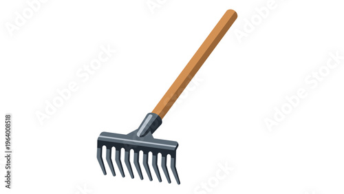 Sturdy metal garden rake with a long wooden handle is depicted in a clean flat vector style against white space.