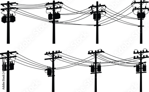 Silhouette icons of utility poles with transformers and power lines showing electrical distribution system infrastructure variations and connections