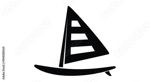 A minimalist black and white illustration depicts a sailboat with a triangular sail and curved hull isolated on white high quality