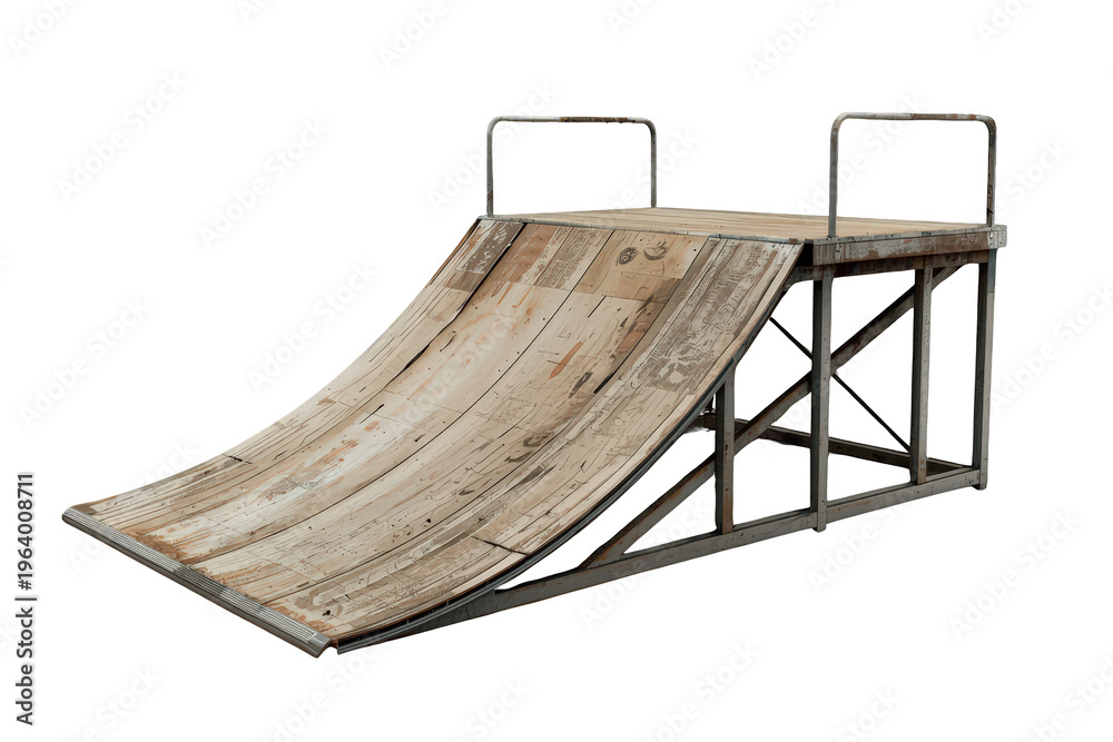 Obraz premium Wooden skate ramp with metal frame and platform, providing an urban extreme sports element on transparent background