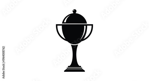 A simple black and white illustration depicts a classic trophy with a rounded body handles and a lid high quality professional