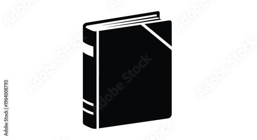 A stark black silhouette depicts a closed hardcover book standing upright suggesting knowledge and literature high quality professional detailed modern elegant