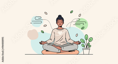 A serene woman meditates cross-legged on the floor with a potted plant beside her, surrounded by floating leaves and abstract shapes in a calming atmosphere.