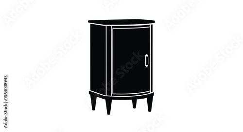 A minimalist black silhouette depicts a vintage curved side cabinet with a single door and decorative feet high quality professional detailed