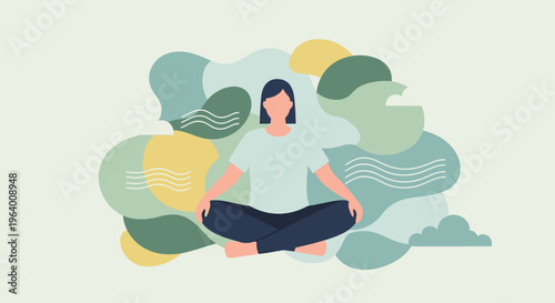 Illustration of a serene woman meditating in lotus position with abstract shapes in calming colors.