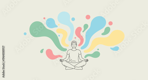 Illustration of a meditating man in lotus position with vibrant colorful splashes behind him on a beige background.