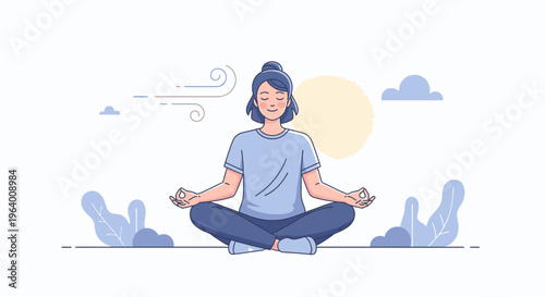 A serene woman meditates cross-legged with closed eyes and hands outstretched in a minimalist cartoon style with a calming atmosphere and soft pastel colors against a clean white background.
