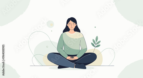 Illustration of a pregnant woman meditating in a lotus position with abstract shapes and a plant on a white background, conveying calmness.