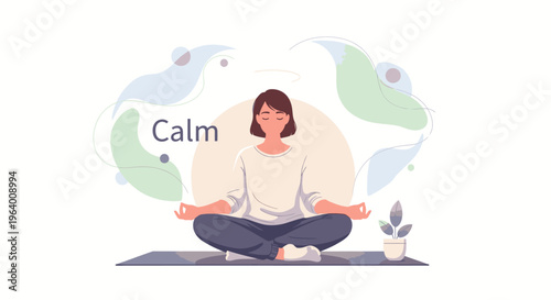 Illustration of a serene woman meditating cross-legged on a mat with a plant and abstract shapes in a calming atmosphere.